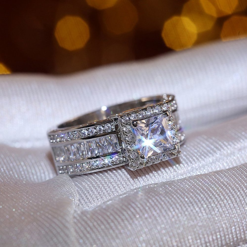 NEW Silver Princess Cut Diamond Halo Ring 3 - Picture 7 of 11